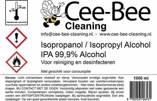 Cee-Bee-Cleaning Cee-Bee Isopropanol | Isopropyl | IPA 99.9% Alcohol | 1000 Ml 2 Cee-Bee-Cleaning Cee-Bee Isopropanol | Isopropyl | IPA 99.9% Alcohol | 1000 Ml - Afbeelding 2