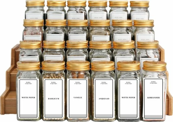 24 Glazen Kruidenpotjes Vierkant Met Deksel - Kruidenstrooier - Voorraadpotten - Keuken Organizer - Complete Set Met Strooideksels, Voorbedrukte & Blanco Stickers, Trechter En Stift - Inhoud 120 Ml - Goud 12 24 Glazen Kruidenpotjes Vierkant Met Deksel - Kruidenstrooier - Voorraadpotten - Keuken Organizer - Complete Set Met Strooideksels, Voorbedrukte & Blanco Stickers, Trechter En Stift - Inhoud 120 Ml - Goud - Afbeelding 12