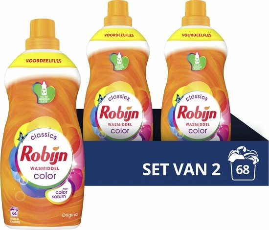 Robijn Klein & Krachtig Color Vloeibaar Wasmiddel - 2 X 34 Wasbeurten - Voordeelverpakking 1 Robijn Klein & Krachtig Color Vloeibaar Wasmiddel - 2 X 34 Wasbeurten - Voordeelverpakking