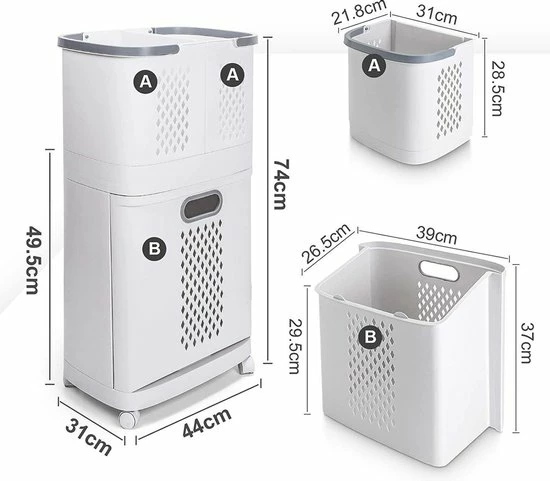 Sens Design Wasmanden Met Deksel - Wassorteerder 3 Vakken Op Wieltjes 2 Sens Design Wasmanden Met Deksel - Wassorteerder 3 Vakken Op Wieltjes - Afbeelding 2