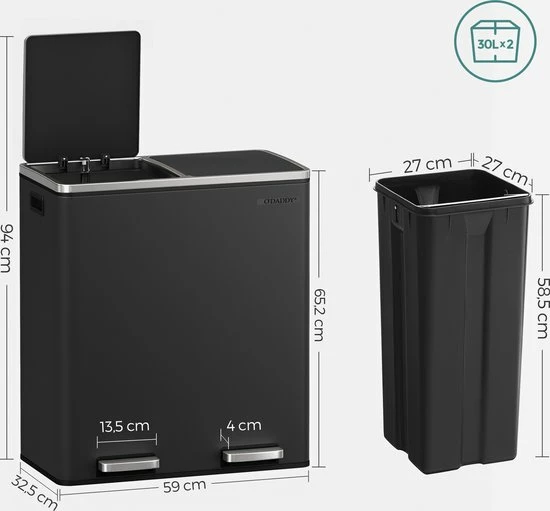 O'DADDY® Prullenbak Afvalscheiding - Vuilnisbak 60L (2x 30L) - 59 X 65 X 32 Cm - Zwart 2 O'DADDY® Prullenbak Afvalscheiding - Vuilnisbak 60L (2x 30L) - 59 X 65 X 32 Cm - Zwart - Afbeelding 2