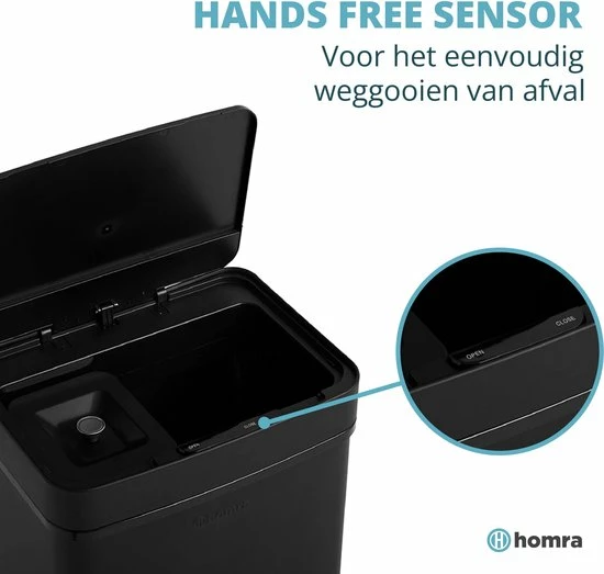 Homra Nexo Afvalscheiding Sensor Prullenbak Zwart 72 Liter - 3 Vakken - 2x12L+48L - Infrarood Sensor - Design Trio Afvalemmer - Afvalscheidingsprullenbak - Keuken Afvalemmer - Recycle Afvalbak - Hygiënisch - Kantoor Vuilbak - Elektrisch - Vuilnisbak 3 Homra Nexo Afvalscheiding Sensor Prullenbak Zwart 72 Liter - 3 Vakken - 2x12L+48L - Infrarood Sensor - Design Trio Afvalemmer - Afvalscheidingsprullenbak - Keuken Afvalemmer - Recycle Afvalbak - Hygiënisch - Kantoor Vuilbak - Elektrisch - Vuilnisbak - Afbeelding 3