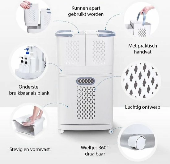 Sens Design Wasmanden Met Deksel - Wassorteerder 3 Vakken Op Wieltjes 4 Sens Design Wasmanden Met Deksel - Wassorteerder 3 Vakken Op Wieltjes - Afbeelding 4