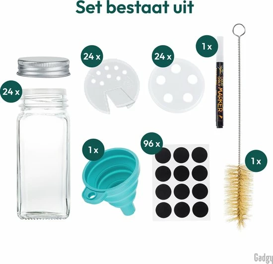 Gadgy 24 Glazen Kruidenpotjes Set Met Deksel En Strooideksel - Kruidenstrooier - Incl. Labels Krijtstift Trechter En Borstel 8 Gadgy 24 Glazen Kruidenpotjes Set Met Deksel En Strooideksel - Kruidenstrooier - Incl. Labels Krijtstift Trechter En Borstel - Afbeelding 8
