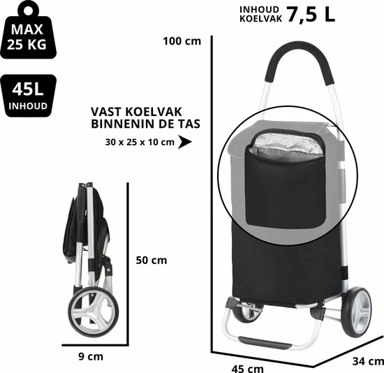 ShoppingCruiser® ‘Foldable’ Boodschappentrolley | Opvouwbare Boodschappenwagen |Afneembare Boodschappentas | Koelvak | Zwart 4 ShoppingCruiser® ‘Foldable’ Boodschappentrolley | Opvouwbare Boodschappenwagen |Afneembare Boodschappentas | Koelvak | Zwart - Afbeelding 4
