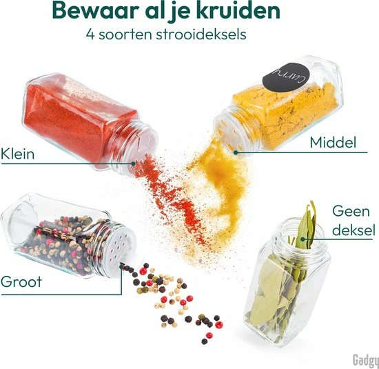 Gadgy 24 Glazen Kruidenpotjes Set Met Deksel En Strooideksel - Kruidenstrooier - Incl. Labels Krijtstift Trechter En Borstel 4 Gadgy 24 Glazen Kruidenpotjes Set Met Deksel En Strooideksel - Kruidenstrooier - Incl. Labels Krijtstift Trechter En Borstel - Afbeelding 4