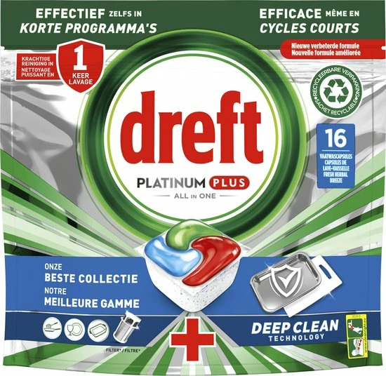 Dreft Platinum Plus All In One - Vaatwastabletten - Fresh Herbal Breeze - Voordeelverpakking 5 X 16 Stuks 2 Dreft Platinum Plus All In One - Vaatwastabletten - Fresh Herbal Breeze - Voordeelverpakking 5 X 16 Stuks - Afbeelding 2