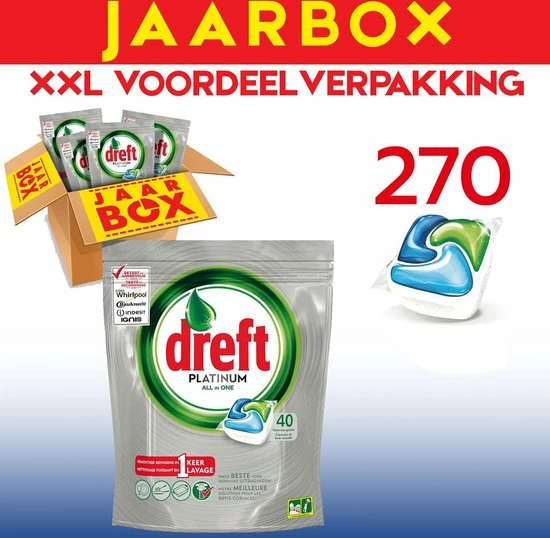 Dreft All In One Platinum - 270 Stuks - Vaatwastabletten - Jaarbox - Voordeelverpakking 2 Dreft All In One Platinum - 270 Stuks - Vaatwastabletten - Jaarbox - Voordeelverpakking - Afbeelding 2