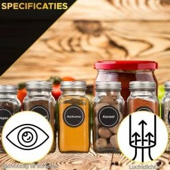 Toivo Kitchen 24 Kruidenpotjes Vierkant Met Strooideksel - Glas - Compleet Pakket Incl. Stickers, Stift En Accessoires - Kruidenstrooier - Strooibus - Strooier -SolisVac Plus Shop 550x550 1298