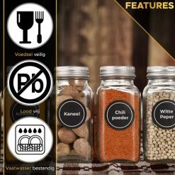 Toivo Kitchen 24 Kruidenpotjes Vierkant Met Strooideksel - Glas - Compleet Pakket Incl. Stickers, Stift En Accessoires - Kruidenstrooier - Strooibus - Strooier -SolisVac Plus Shop 550x550 1300