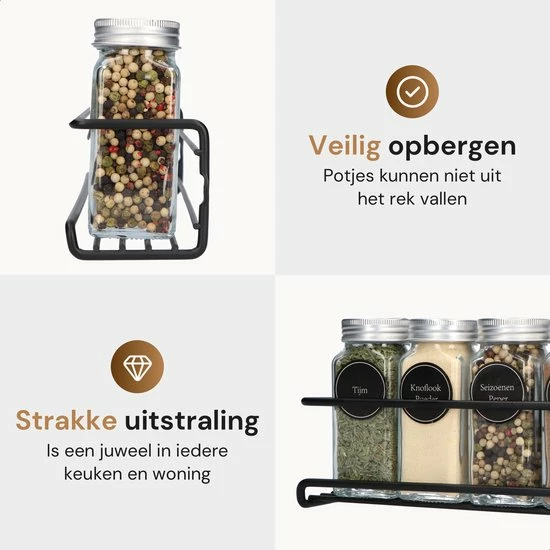 Comforder Kruidenrek Ophangbaar - Kruiden Organizer - 4 Kruidenrekken - Voor 24 Kruidenpotjes - Zwart 4 Comforder Kruidenrek Ophangbaar - Kruiden Organizer - 4 Kruidenrekken - Voor 24 Kruidenpotjes - Zwart - Afbeelding 4