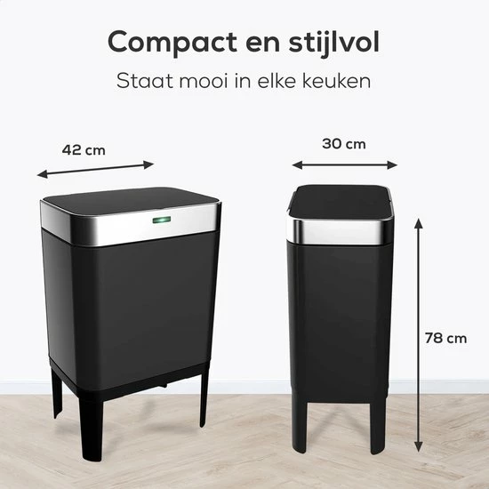 Loftey Sensor Prullenbak 60 Liter – Touch Free Afvalbak - Afvalemmer - Afvalscheiding 2x30L - Keuken - Zwart/RVS 3 Loftey Sensor Prullenbak 60 Liter – Touch Free Afvalbak - Afvalemmer - Afvalscheiding 2x30L - Keuken - Zwart/RVS - Afbeelding 3