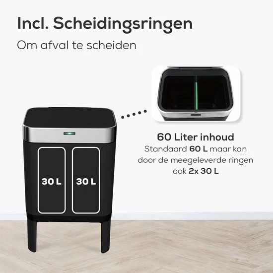 Loftey Sensor Prullenbak 60 Liter – Touch Free Afvalbak - Afvalemmer - Afvalscheiding 2x30L - Keuken - Zwart/RVS 6 Loftey Sensor Prullenbak 60 Liter – Touch Free Afvalbak - Afvalemmer - Afvalscheiding 2x30L - Keuken - Zwart/RVS - Afbeelding 6