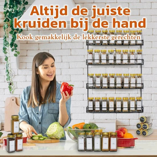 24 Glazen Kruidenpotjes Vierkant Met Deksel - Kruidenstrooier - Voorraadpotten - Keuken Organizer - Complete Set Met Strooideksels, Voorbedrukte & Blanco Stickers, Trechter En Stift - Inhoud 120 Ml - Goud 2 24 Glazen Kruidenpotjes Vierkant Met Deksel - Kruidenstrooier - Voorraadpotten - Keuken Organizer - Complete Set Met Strooideksels, Voorbedrukte & Blanco Stickers, Trechter En Stift - Inhoud 120 Ml - Goud - Afbeelding 2