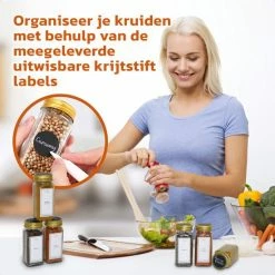 24 Glazen Kruidenpotjes Vierkant Met Deksel - Kruidenstrooier - Voorraadpotten - Keuken Organizer - Complete Set Met Strooideksels, Voorbedrukte & Blanco Stickers, Trechter En Stift - Inhoud 120 Ml - Goud 15 24 Glazen Kruidenpotjes Vierkant Met Deksel - Kruidenstrooier - Voorraadpotten - Keuken Organizer - Complete Set Met Strooideksels, Voorbedrukte & Blanco Stickers, Trechter En Stift - Inhoud 120 Ml - Goud -SolisVac Plus Shop 550x550 398