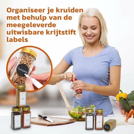 24 Glazen Kruidenpotjes Vierkant Met Deksel - Kruidenstrooier - Voorraadpotten - Keuken Organizer - Complete Set Met Strooideksels, Voorbedrukte & Blanco Stickers, Trechter En Stift - Inhoud 120 Ml - Goud 3 24 Glazen Kruidenpotjes Vierkant Met Deksel - Kruidenstrooier - Voorraadpotten - Keuken Organizer - Complete Set Met Strooideksels, Voorbedrukte & Blanco Stickers, Trechter En Stift - Inhoud 120 Ml - Goud - Afbeelding 3