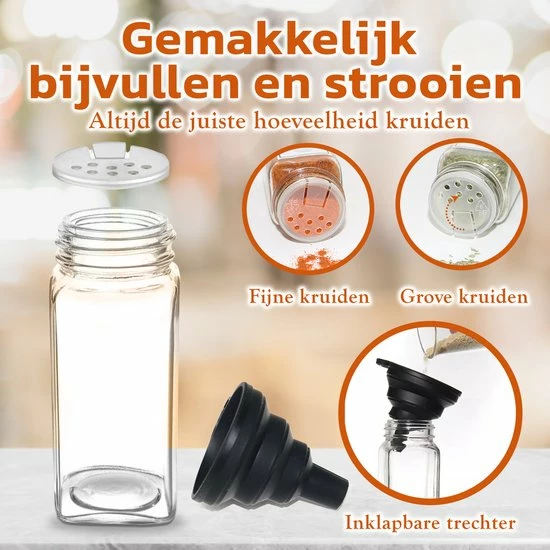 24 Glazen Kruidenpotjes Vierkant Met Deksel - Kruidenstrooier - Voorraadpotten - Keuken Organizer - Complete Set Met Strooideksels, Voorbedrukte & Blanco Stickers, Trechter En Stift - Inhoud 120 Ml - Goud 5 24 Glazen Kruidenpotjes Vierkant Met Deksel - Kruidenstrooier - Voorraadpotten - Keuken Organizer - Complete Set Met Strooideksels, Voorbedrukte & Blanco Stickers, Trechter En Stift - Inhoud 120 Ml - Goud - Afbeelding 5