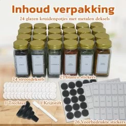 24 Glazen Kruidenpotjes Vierkant Met Deksel - Kruidenstrooier - Voorraadpotten - Keuken Organizer - Complete Set Met Strooideksels, Voorbedrukte & Blanco Stickers, Trechter En Stift - Inhoud 120 Ml - Goud 19 24 Glazen Kruidenpotjes Vierkant Met Deksel - Kruidenstrooier - Voorraadpotten - Keuken Organizer - Complete Set Met Strooideksels, Voorbedrukte & Blanco Stickers, Trechter En Stift - Inhoud 120 Ml - Goud -SolisVac Plus Shop 550x550 402