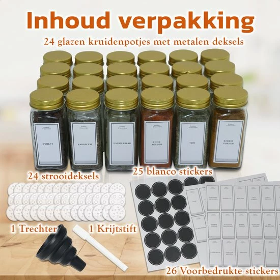 24 Glazen Kruidenpotjes Vierkant Met Deksel - Kruidenstrooier - Voorraadpotten - Keuken Organizer - Complete Set Met Strooideksels, Voorbedrukte & Blanco Stickers, Trechter En Stift - Inhoud 120 Ml - Goud 7 24 Glazen Kruidenpotjes Vierkant Met Deksel - Kruidenstrooier - Voorraadpotten - Keuken Organizer - Complete Set Met Strooideksels, Voorbedrukte & Blanco Stickers, Trechter En Stift - Inhoud 120 Ml - Goud - Afbeelding 7
