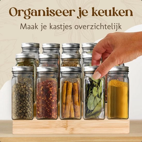 Comforder 24 Glazen Kruidenpotjes Met Strooideksel - Vierkante Kruidenstrooier - Complete Set Met Stickers, Trechter, Stift En Borstel 3 Comforder 24 Glazen Kruidenpotjes Met Strooideksel - Vierkante Kruidenstrooier - Complete Set Met Stickers, Trechter, Stift En Borstel - Afbeelding 3