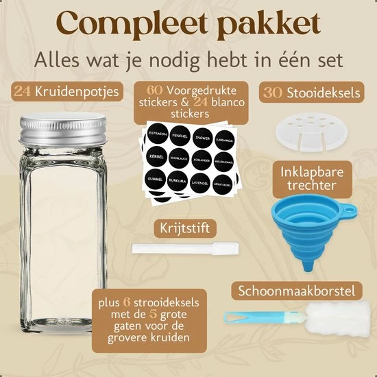 Comforder 24 Glazen Kruidenpotjes Met Strooideksel - Vierkante Kruidenstrooier - Complete Set Met Stickers, Trechter, Stift En Borstel 9 Comforder 24 Glazen Kruidenpotjes Met Strooideksel - Vierkante Kruidenstrooier - Complete Set Met Stickers, Trechter, Stift En Borstel - Afbeelding 9