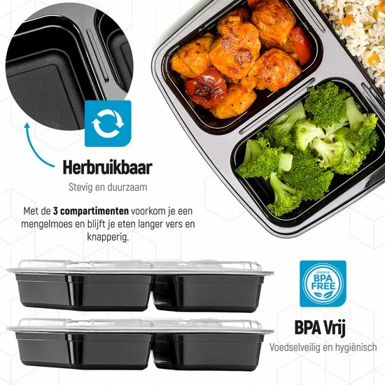 Meal Prep Bakjes - 10 Stuks - 3 Compartimenten - Lunchbox - Diepvriesbakjes - Vershoudbakjes - Plastic Bakjes Met Deksel - Magnetron Bakjes Met Deksel - Meal Prep - Vershouddoos - 1L - BPA Vrij – Fitcrafters 3 Meal Prep Bakjes - 10 Stuks - 3 Compartimenten - Lunchbox - Diepvriesbakjes - Vershoudbakjes - Plastic Bakjes Met Deksel - Magnetron Bakjes Met Deksel - Meal Prep - Vershouddoos - 1L - BPA Vrij – Fitcrafters - Afbeelding 3