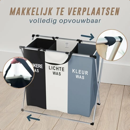 Landys Wasmand 3 Vakken - Opvouwbare Wassorteerder Met NL Opdruk - Aluminium Frame - 90L 3 Landys Wasmand 3 Vakken - Opvouwbare Wassorteerder Met NL Opdruk - Aluminium Frame - 90L - Afbeelding 3