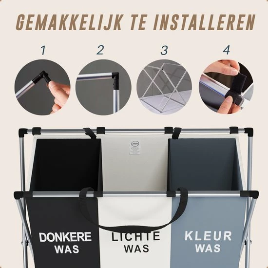 Landys Wasmand 3 Vakken - Opvouwbare Wassorteerder Met NL Opdruk - Aluminium Frame - 90L 7 Landys Wasmand 3 Vakken - Opvouwbare Wassorteerder Met NL Opdruk - Aluminium Frame - 90L - Afbeelding 7