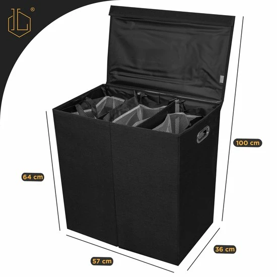 LIVILO - Wasmand – 3 Vakken Met Deksel – Opvouwbaar – 120 Liter – Met 3 Uitneembare Waszakken – Stoffen Wasmand – Zwart 2 LIVILO - Wasmand – 3 Vakken Met Deksel – Opvouwbaar – 120 Liter – Met 3 Uitneembare Waszakken – Stoffen Wasmand – Zwart - Afbeelding 2
