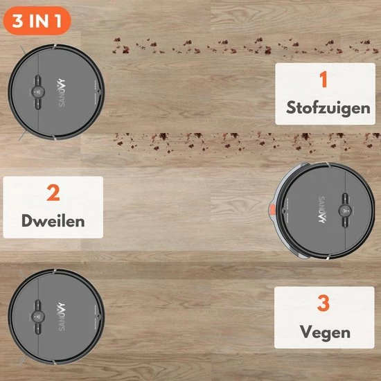 Sanovy 3 In 1 Robotstofzuiger Met Dweilfunctie - 1800 PA- Automatische Laadstation - Dweilrobot – App 6 Sanovy 3 In 1 Robotstofzuiger Met Dweilfunctie - 1800 PA- Automatische Laadstation - Dweilrobot – App - Afbeelding 6