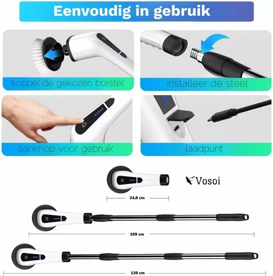Vosoi - Elektrische Schoonmaakborstel - Polijst Machine - Elektrische Schrobborstel - Poetsmachine - Schoonmaakmiddelen - 7 Opzetstukken - Draadloos - Keuken - Badkamer - Auto - Vloerreiniger Met Steel 4 Vosoi - Elektrische Schoonmaakborstel - Polijst Machine - Elektrische Schrobborstel - Poetsmachine - Schoonmaakmiddelen - 7 Opzetstukken - Draadloos - Keuken - Badkamer - Auto - Vloerreiniger Met Steel - Afbeelding 4