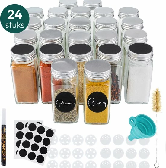 Gadgy 24 Glazen Kruidenpotjes Set Met Deksel En Strooideksel - Kruidenstrooier - Incl. Labels Krijtstift Trechter En Borstel 1 Gadgy 24 Glazen Kruidenpotjes Set Met Deksel En Strooideksel - Kruidenstrooier - Incl. Labels Krijtstift Trechter En Borstel