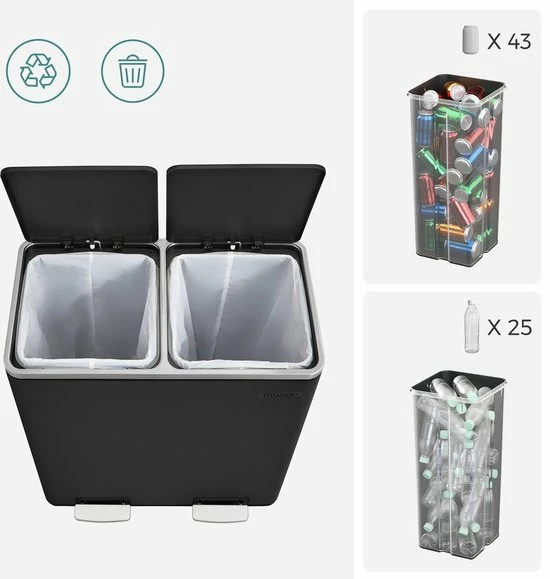 O'DADDY® Prullenbak Afvalscheiding - Vuilnisbak 60L (2x 30L) - 59 X 65 X 32 Cm - Zwart 6 O'DADDY® Prullenbak Afvalscheiding - Vuilnisbak 60L (2x 30L) - 59 X 65 X 32 Cm - Zwart - Afbeelding 6