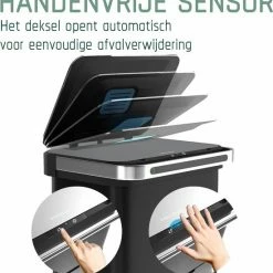 Prullenbak Met Sensor - 60 L - Zwart - Afvalscheiding Vuilbak StangVollby Halden - RVS - 4 Vakken - Automatisch Lucht Filter - 60 Liter (2×18L + 2×12L) - Automatische Soft Close Deksel Met Infrarood Sensor - 4 Vaks Afvalemmer - Bacterie Filter -SolisVac Plus Shop 550x588 1
