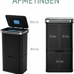 Prullenbak Met Sensor - 60 L - Zwart - Afvalscheiding Vuilbak StangVollby Halden - RVS - 4 Vakken - Automatisch Lucht Filter - 60 Liter (2×18L + 2×12L) - Automatische Soft Close Deksel Met Infrarood Sensor - 4 Vaks Afvalemmer - Bacterie Filter -SolisVac Plus Shop 550x598