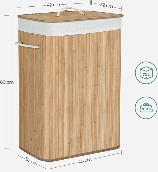 Merkloos Bamboe Wasmand Met Deksel, Katoenen Zak En Handvaten - 72L - Natuurlijk Bruin 2 Merkloos Bamboe Wasmand Met Deksel, Katoenen Zak En Handvaten - 72L - Natuurlijk Bruin - Afbeelding 2