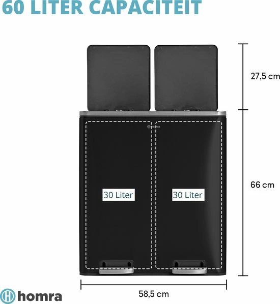 Duo Prullenbak 60 Liter Homra Quickx - 2-vaks Afvalscheidings Pedaalemmer Van Homra – 60 Liter (2x30 L) Vuilbak – Zwarte Afvalemmer Met 2 Vakken - RVS - Vuilnisbak Keuken - Hygiënisch Afval Scheiden - Zwart - Pedaal Prullenbak - Vuilnisemmer 3 Duo Prullenbak 60 Liter Homra Quickx - 2-vaks Afvalscheidings Pedaalemmer Van Homra – 60 Liter (2x30 L) Vuilbak – Zwarte Afvalemmer Met 2 Vakken - RVS - Vuilnisbak Keuken - Hygiënisch Afval Scheiden - Zwart - Pedaal Prullenbak - Vuilnisemmer - Afbeelding 3