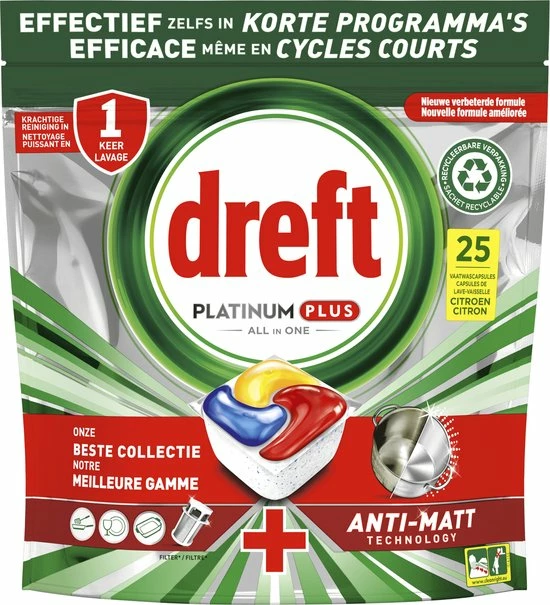 Dreft Platinum Plus All In One - Vaatwastabletten - Citroen - Voordeelverpakking 5 X 25 Stuks 2 Dreft Platinum Plus All In One - Vaatwastabletten - Citroen - Voordeelverpakking 5 X 25 Stuks - Afbeelding 2