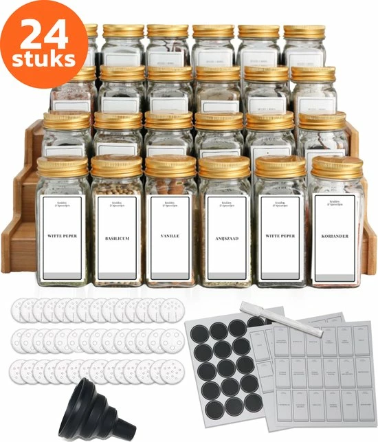 24 Glazen Kruidenpotjes Vierkant Met Deksel - Kruidenstrooier - Voorraadpotten - Keuken Organizer - Complete Set Met Strooideksels, Voorbedrukte & Blanco Stickers, Trechter En Stift - Inhoud 120 Ml - Goud 1 24 Glazen Kruidenpotjes Vierkant Met Deksel - Kruidenstrooier - Voorraadpotten - Keuken Organizer - Complete Set Met Strooideksels, Voorbedrukte & Blanco Stickers, Trechter En Stift - Inhoud 120 Ml - Goud