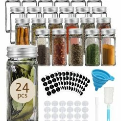 Comforder 24 Glazen Kruidenpotjes Met Strooideksel - Vierkante Kruidenstrooier - Complete Set Met Stickers, Trechter, Stift En Borstel