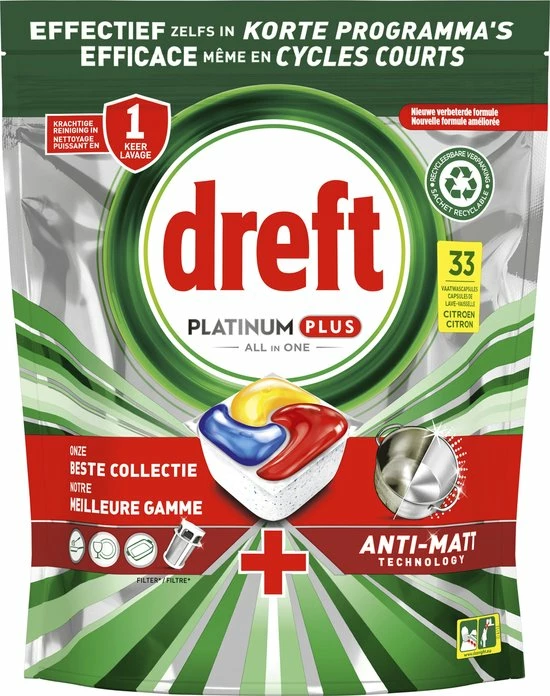 Dreft Platinum Plus All In One - Vaatwastabletten - Citroen - Voordeelverpakking 4 X 33 Stuks 2 Dreft Platinum Plus All In One - Vaatwastabletten - Citroen - Voordeelverpakking 4 X 33 Stuks - Afbeelding 2