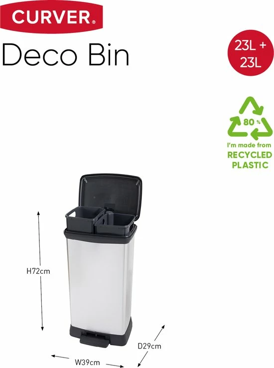 Curver Deco Bin Duo Prullenbak - Rechthoekig - 23L + 23L - Zilver Metallic 4 Curver Deco Bin Duo Prullenbak - Rechthoekig - 23L + 23L - Zilver Metallic - Afbeelding 4