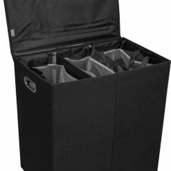LIVILO - Wasmand – 3 Vakken Met Deksel – Opvouwbaar – 120 Liter – Met 3 Uitneembare Waszakken – Stoffen Wasmand – Zwart