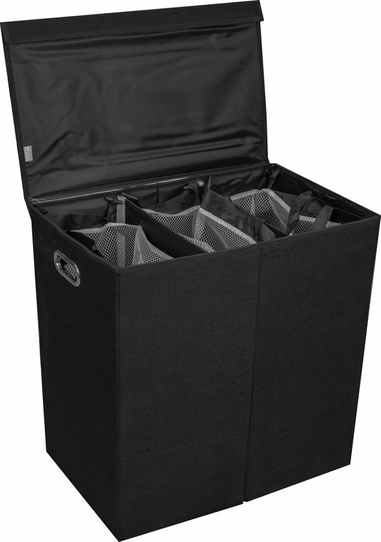 LIVILO - Wasmand – 3 Vakken Met Deksel – Opvouwbaar – 120 Liter – Met 3 Uitneembare Waszakken – Stoffen Wasmand – Zwart 1 LIVILO - Wasmand – 3 Vakken Met Deksel – Opvouwbaar – 120 Liter – Met 3 Uitneembare Waszakken – Stoffen Wasmand – Zwart
