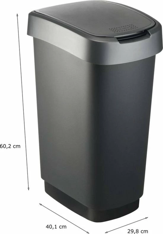 Rotho Twist Prullenbak- 50L - 60,2cm - Met Kanteldeksel - Zilver/Zwart 2 Rotho Twist Prullenbak- 50L - 60,2cm - Met Kanteldeksel - Zilver/Zwart - Afbeelding 2